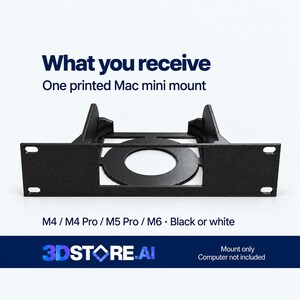 May include: A black 3D printed Mac mini mount with a central circular cutout and side mounting flanges. Text reads: What you receive, One printed Mac mini mount, M4 / M4 Pro / M5 Pro / M6, Black or white, 3DSTORE.AI, Mount only Computer not included.