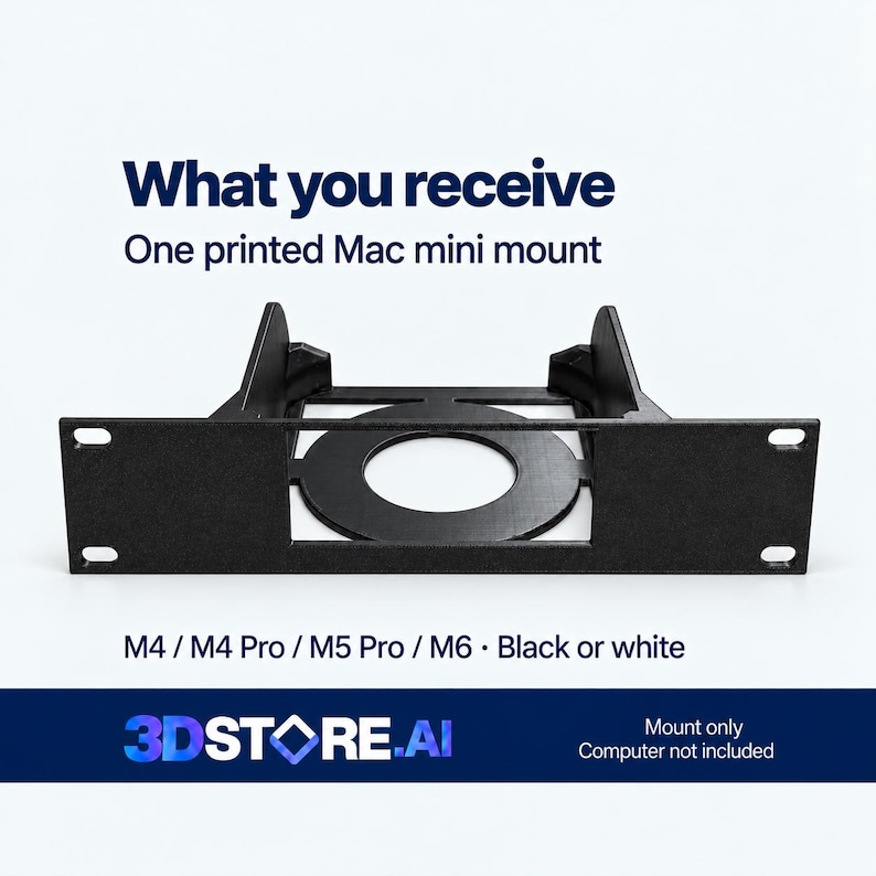 May include: A black 3D printed Mac mini mount with a central circular cutout and side mounting flanges. Text reads: What you receive, One printed Mac mini mount, M4 / M4 Pro / M5 Pro / M6, Black or white, 3DSTORE.AI, Mount only Computer not included.