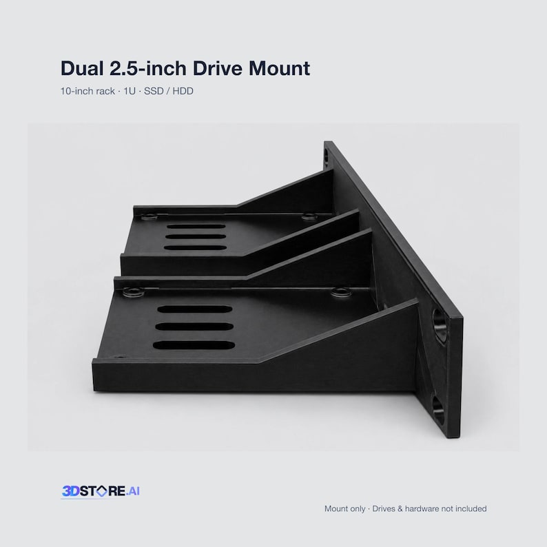 Rack para montagem de dois HDDs SSD de 2,5 polegadas | 1U | Frente fechada | PETG preto imagem 1