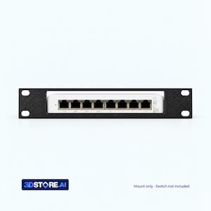 May include: A black metal rack mount bracket holding a white network switch with eight Ethernet ports. The front panel features numbered ports from one to eight and status indicator lights on the right side. The unit has mounting holes.