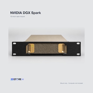 May include: NVIDIA DGX Spark 10-inch rack mount featuring a black metal faceplate with two gold-colored handles and a textured gold-colored center panel. The unit includes mounting holes on each side of the black frame for installation.