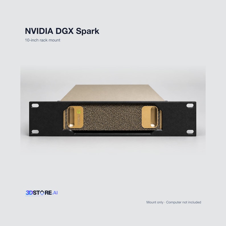May include: NVIDIA DGX Spark 10-inch rack mount featuring a black metal faceplate with two gold-colored handles and a textured gold-colored center panel. The unit includes mounting holes on each side of the black frame for installation.