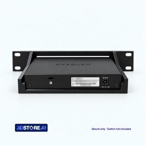 May include: A black metal rack mount bracket holding a Netgear network switch. The device features a power input port labelled 12V 1.5A, a security lock slot, and a label with serial information. The bracket has side flanges with mounting holes.