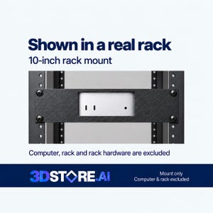May include: A black 10-inch rack mount bracket with a rectangular cutout, secured by four screws to a vertical server rack frame. The text reads: Shown in a real rack, 10-inch rack mount, Computer, rack and rack hardware are excluded, 3DSTORE.AI.
