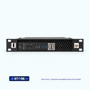 May include: A black rack-mount bracket for a Dell OptiPlex 7050 computer. The front panel features a power button, audio ports, a USB-C port, a USB-A port, and a Dell logo. The bracket includes side mounting holes and integrated keystone jack ports.