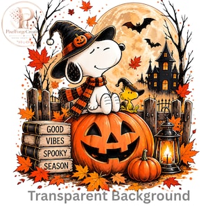 May include: A white cartoon dog wearing a black witch hat and orange-black scarf sits on a large jack-o'-lantern next to a yellow bird. A stack of books reads GOOD VIBES SPOOKY SEASON. Includes a lantern, a haunted house, and autumn leaves.