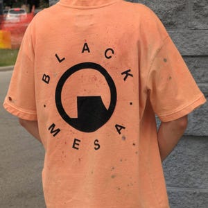 Può includere: Una t-shirt arancione a maniche corte con un logo circolare nero sul retro che riporta la scritta "BLACK MESA" disposta lungo il bordo. Il tessuto presenta un aspetto sbiadito e usurato con macchie scure sparse e piccoli fori.