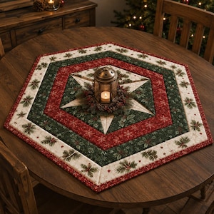 May include: A hexagonal quilted table topper featuring a star pattern in red, dark green, and cream fabric with holly leaf and berry prints. A metal lantern with a lit candle sits in the center, surrounded by a small wreath of pine and berries.