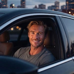 May include: A smiling person with blonde hair sits in the driver seat of a dark car. Text at the top reads ADD YOUR IMAGINATION SECRET DESIRES. Text at the bottom reads INTIMATE AUDIO ASMR Link in Bio with a microphone icon and a four-pointed star.