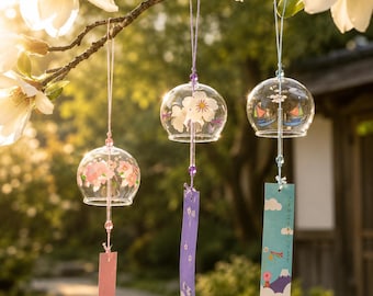 Campana de viento japonesa de cristal Sakura, campana de viento de flor de cerezo, decoración colgante Kawaii, Furin de cristal, campanilla de jardín exterior, regalo para balcón o porche