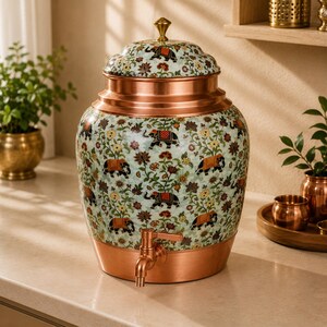 Dispenser d'acqua floreale in rame puro, contenitore per bevande ayurvedico, design con incisione antica a forma di elefante, brocca dispenser