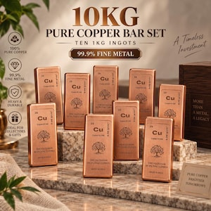 May include: A set of ten 1kg pure copper bars, each rectangular with rounded corners. The front of each bar features the chemical symbol Cu, the atomic number 29, a tree illustration, and the text One Kilogram 99.9% Fine Copper Made in India.