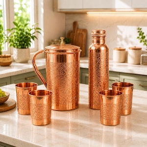 Pure Copper Water Bottle Set with 2 Glasses | handmade Engraved Copper Bottle | Ayurvedic Tamba Drinkware | Copper Health Benefits