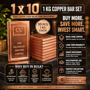 Könnte beinhalten: Ein Set aus zehn 1 kg Kupferbarren, jeweils geprägt mit CU, ONE KILOGRAM und .999 FINE COPPER. Der Text enthält 1 X 10, 1 KG COPPER BAR SET, PURE COPPER. PURE VALUE. PURE INVESTMENT., BUY MORE. SAVE MORE. INVEST SMART. und WHY BUY IN BULK?.