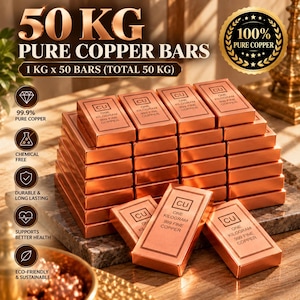 May include: A collection of 50 rectangular copper bars, each weighing one kilogram, stacked in a grid. Each bar is stamped with the text CU, ONE KILOGRAM, and 999 FINE COPPER. The image includes text stating 50 KG PURE COPPER BARS and 100% PURE COPPER.