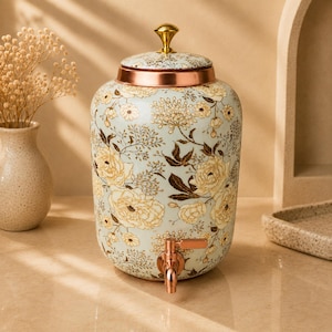 Pure Copper Water Dispenser with Tap, Hand Painted Floral Tank, Handmade Indian Kitchen Decor, Antique Dispenser