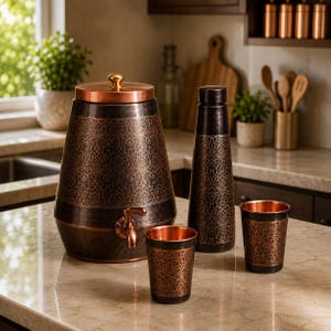Puede incluir: Un dispensador de agua de cobre con grifo, una botella de agua alta a juego y dos vasos. Cada artículo presenta un acabado oscuro y oxidado con un intrincado patrón floral repetitivo grabado en la superficie y bordes de cobre pulido.
