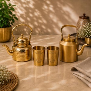 Op de afbeelding: Twee goudkleurige metalen theepotten en twee bijpassende bekers. De ene theepot heeft een gehamerde textuur, terwijl de andere glad is. Elke beker is voorzien van de gegraveerde tekst 'CHAI ALWAYS A GOOD IDEA' boven een afbeelding van een kopje met bladeren.