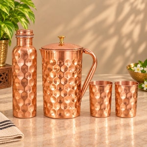 100 % ren koppar diamantkanna set 1500 ml, handgjord kopparvattenkanna, ayurvedisk dryckeskärl, koppar köksredskap, tumglasset