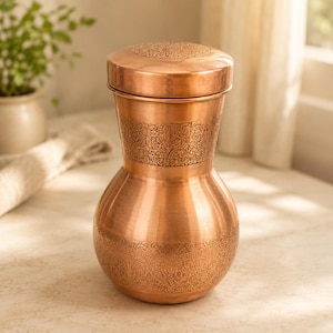 Könnte beinhalten: Ein Wasserkrug aus Kupfer mit passendem Deckel, der einen abgerundeten Boden und einen verjüngten Hals aufweist. Die Oberfläche ist mit komplizierten, geprägten Blumenmustern am Hals und am unteren Körper verziert, während der Deckel ein zentrales Design hat.