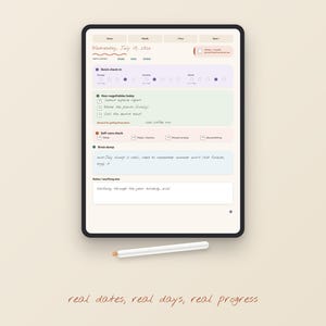May include: A digital tablet displaying a daily planner template with sections for quick check-ins, non-negotiables, self-care, brain-dump, and notes. The screen shows Wednesday, July 10, 2024, with handwritten text. A white stylus rests below the tablet.