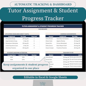 Tutor Assignment and Student Progress Tracker | Excel & Google Sheets | Tutor Grade Tracking Spreadsheet