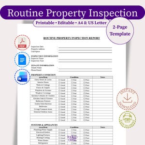 Puede incluir: Una plantilla de informe de inspección de propiedad de 2 páginas, imprimible y editable, en tamaños A4 y carta de EE. UU. El documento incluye secciones para detalles de inspección, información del inquilino y listas de verificación de estado.