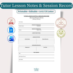 Tutor Lesson Notes & Session Record | Tutoring Session Log | Editable Word Google Docs Template