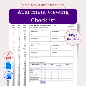 May include: A 4-page apartment viewing checklist template featuring sections for property information, rent terms, and building inspection. The document includes text headers like Apartment Viewing Checklist and Made for Apartment Tours.