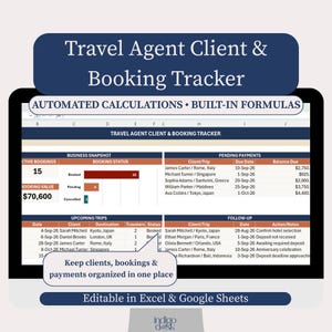 Travel Agent Client and Booking Tracker, Excel And Google Sheets Payment Spreadsheet