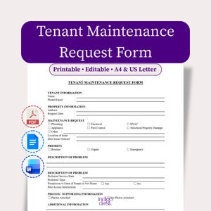 Tenant Maintenance Request Form | Rental Repair Request | Property Management Form | Word PDF Google Docs