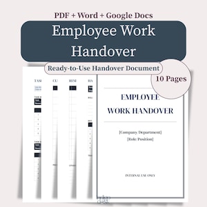 Peut inclure: Un modèle de document de passation de travail pour employé de 10 pages disponible en formats PDF, Word et Google Docs. Le document présente des sections structurées pour les tâches, responsabilités et rôles, avec une page de garde titrée.