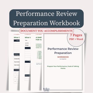 Puede incluir: Un libro de trabajo para la preparación de evaluaciones de desempeño de 7 páginas en formatos PDF y Word. El documento incluye secciones para documentar logros, establecer objetivos y preparar puntos de conversación con texto negro.