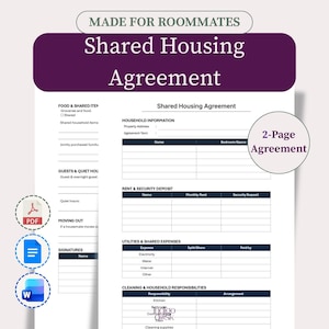 May include: A two-page Shared Housing Agreement document template for housemates. The form includes sections for household information, rent, security deposits, utilities, shared expenses, and cleaning responsibilities, with PDF, Doc, and Word icons.