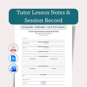 Plantilla de notas de clase para tutor, editable en Word, Google Docs y PDF para registro de sesión.