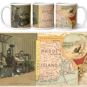 May include: A white ceramic mug featuring a vintage-style collage. The design includes a black steam locomotive, a map of Rhode Island labeled with cities like Providence and Woonsocket, and a circular illustration of people on a beach in Newport.