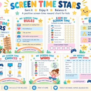 Puede incluir: Un paquete imprimible de siete páginas titulado Screen Time Stars que incluye tablas de recompensas para niños. Las páginas contienen reglas, listas de tareas, un banco de tiempo de pantalla, opciones de actividades y seguimientos semanales con iconos.