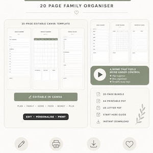 May include: A 20-page digital family command centre planner template for Canva. The layout includes daily, weekly, and to-do planners, a meal planner, chore tracker, and important dates. Features include A4 and US Letter PDF formats for printing.