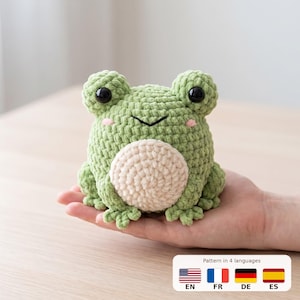 No-Sew Frog Crochet Pattern, Chenille Amigurumi Sitting Frog Plush PDF, Beginner Toy in 4 Languages