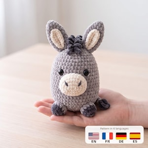 No-Sew Donkey Crochet Pattern, Chenille Amigurumi Donkey Plush PDF, Beginner Farm Toy in 4 Languages