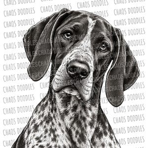 May include: A black and white digital illustration of a dog with floppy ears and a spotted coat. The dog has a focused expression and is looking forward. The background features the repeated text CHAOS DOODLES in a light gray font.