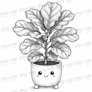 May include: A black and white line art illustration of a fiddle leaf fig plant in a small, round, three-legged pot. The pot features a simple, hand-drawn smiling face with two round eyes and a curved mouth. The text spicy svgs repeats in the background.