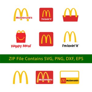 Könnte beinhalten: Eine Sammlung von McDonald's Markenlogos und Symbolen in Rot und Gelb, darunter die goldenen Bögen, die Happy Meal Box und der Text i'm lovin' it. Ein grünes Banner enthält den Text ZIP File Contains SVG, PNG, DXF, EPS.