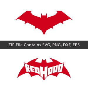 May include: A digital graphic file set featuring two red bat-shaped logos. The top logo is a solid red bat silhouette. The bottom logo incorporates the white text RED HOOD within the red bat shape. Text states: ZIP File Contains SVG, PNG, DXF, EPS.