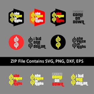 Puede incluir: Una colección de diseños gráficos digitales con logotipos y frases de The Price is Right, incluyendo I am ready to come on down e I bid one dollar. Los diseños utilizan texto y símbolos en amarillo, rojo, negro y blanco sobre un fondo gris.