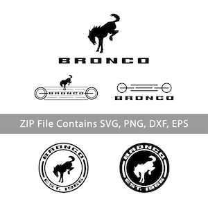 May include: A collection of black and white digital graphic designs featuring the Bronco logo, including a bucking horse silhouette, the text BRONCO, and circular emblems with the text EST. 1966. The file formats include SVG, PNG, DXF, and EPS.