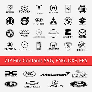 May include: A collection of black automotive brand logos arranged in a grid, including Ferrari, Toyota, Tesla, Acura, Volvo, Hyundai, Mitsubishi, BMW, Suzuki, Audi, Mercedes-Benz, Nissan, SEAT, Mazda, Skoda, Opel, Rolls-Royce, Honda, Lamborghini, Buick, Dacia, Land-Rover, McLaren, Jaguar, Bugatti, Chevrolet, Lexus, and Ford. A red banner displays the text: ZIP File Contains SVG, PNG, DXF, EPS.