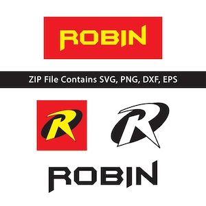 Könnte beinhalten: Ein digitales Grafikset mit dem Wort ROBIN in Gelb auf rotem Hintergrund und in Schwarz. Es enthält ein gelb-schwarzes R-Logo auf einem roten Quadrat, ein weiß-schwarzes R-Logo und den Text ZIP File Contains SVG, PNG, DXF, EPS.