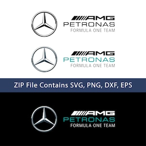 Könnte beinhalten: Drei Varianten des Logos des Mercedes-AMG Petronas Formula One Teams mit dem ikonischen dreizackigen Stern-Emblem. Der Text umfasst AMG, PETRONAS und FORMULA ONE TEAM in Schwarz, Weiß und Türkis. Ein blaues Banner besagt ZIP File Contains SVG, PNG, DXF, EPS.