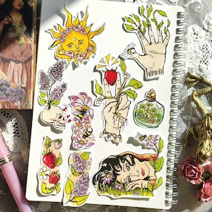 Printemps. Set 9 stickers fleuri. lot pour bujo, bullet journal, hobonichi. Fleurs, ostara, botanique, autocollants, abeilles, fraises